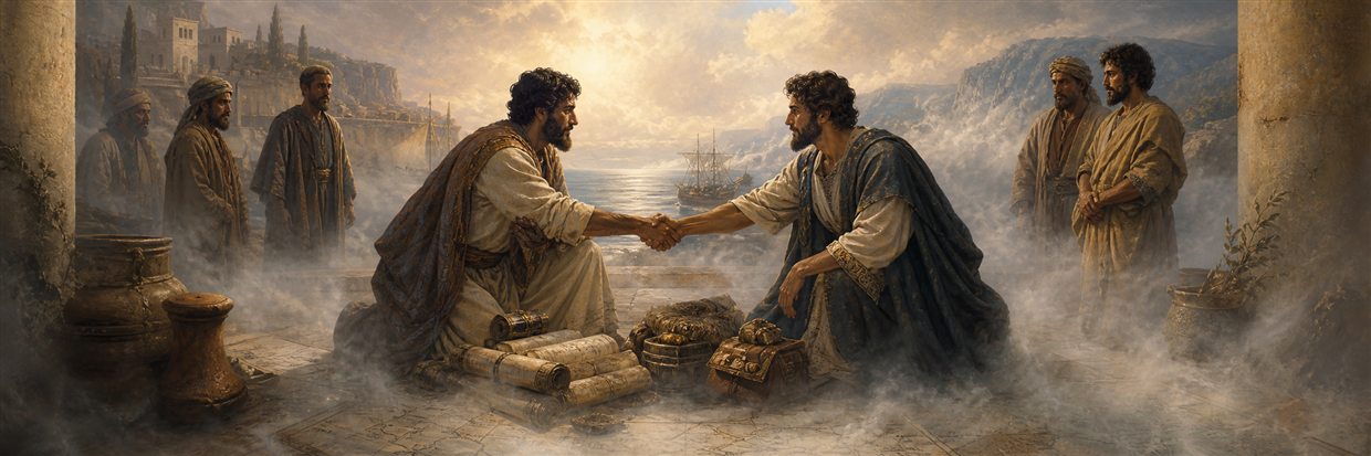 Merchants setting aside disputed plans and reconciling while travelers await the uncertain road