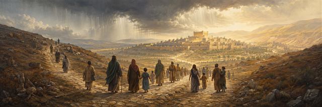 Families descending from barren hills as separate paths join toward rain-lit Jerusalem