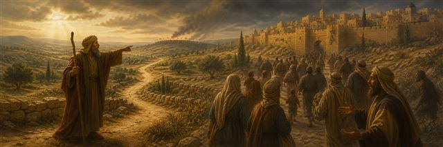 Jeremiah indicating an open ancient path as crowds enter Jerusalem and a northern army gathers in the distance
