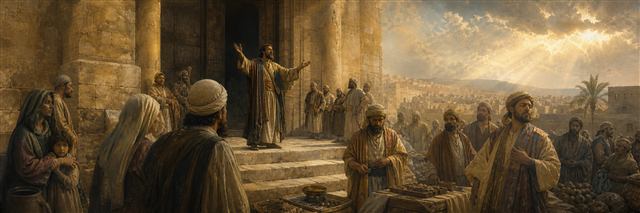 Jeremiah addressing worshipers at the temple gate while vulnerable families and merchants stand nearby