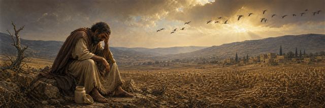Jeremiah grieving beside an empty balm jar in a parched harvested field as migrating birds cross the sky