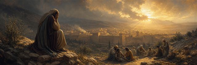 Jeremiah weeping above Jerusalem while compassionate neighbors tend injured people on the hillside