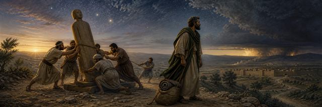 Craftsmen straining to move a plain wooden idol while Jeremiah watches beneath stars and gathering storm clouds