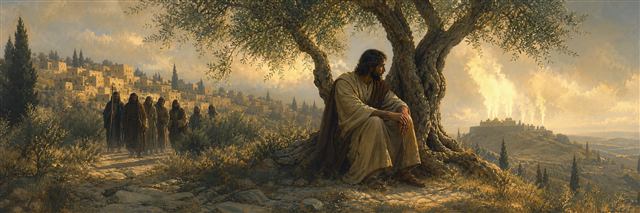 Jeremiah resting beneath an olive tree while shadowed conspirators approach and distant hilltop altars burn