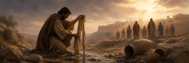 Jeremiah lifting a decayed linen belt from a stream while proud leaders stand outside distant Jerusalem