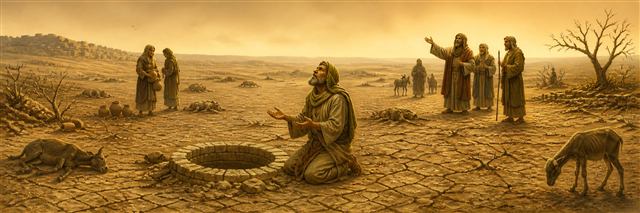 Jeremiah kneeling beside an empty well amid cracked earth, exhausted families, and suffering animals