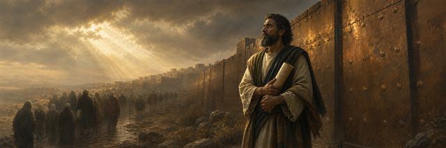 Jeremiah holding a scroll beside a great bronze wall while a hostile crowd recedes into shadow