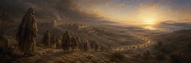 Jeremiah watching families leave shadowed Jerusalem along a long road that curves toward a distant sunrise