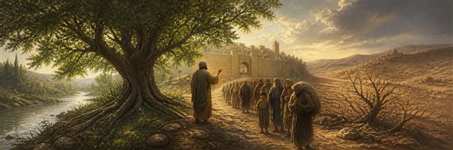 A broad green tree rooted beside water as Jeremiah addresses burdened travelers near a dry hillside and Jerusalem gate
