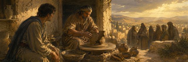 Jeremiah watching a potter reshape a collapsed clay vessel while wary listeners gather outside the workshop