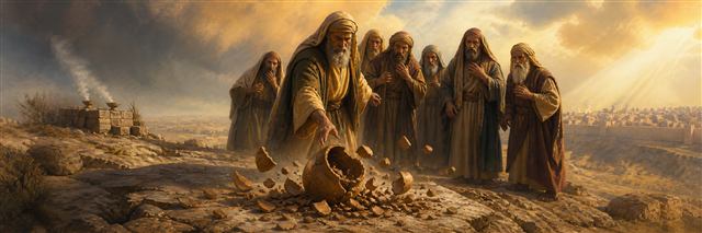 A clay jar breaking across bare rock as Jeremiah and Jerusalem's elders witness the prophetic sign