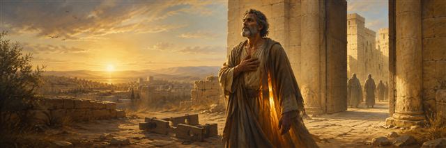 A bruised but resolute Jeremiah standing near broken wooden stocks as warm light glows through his mantle
