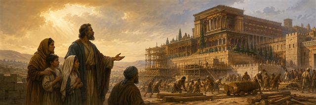 Jeremiah and a vulnerable family watching unpaid laborers haul cedar for a lavish royal palace