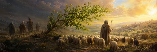 A faithful shepherd gathering sheep beneath a green branch while negligent shepherds disappear into shadow