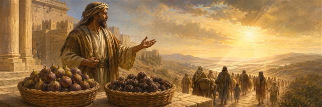 Jeremiah standing beside baskets of fresh and spoiled figs as an exile caravan follows a sunlit road