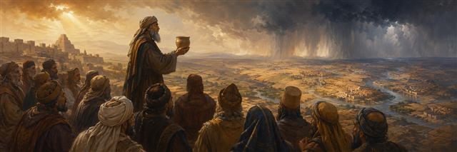 Jeremiah holding an earthen cup before gathered envoys as a vast northern storm spreads over many cities