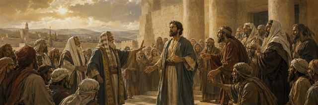 Jeremiah speaking in the temple court as priests accuse him and an elder raises a restraining hand