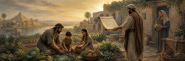 An exiled family planting vegetables beside new homes as a messenger arrives carrying a blank scroll