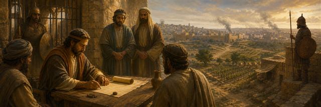 Jeremiah sealing a blank field deed before witnesses while guards watch besieged Jerusalem beyond the courtyard
