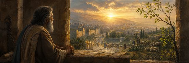 Jeremiah looking from a dark courtyard toward restored streets, wedding lamps, shepherds, and a fresh green branch