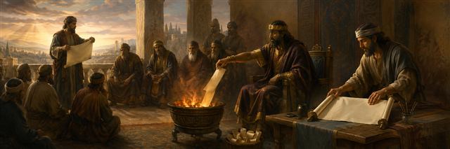 King Jehoiakim dropping a strip of blank scroll into a brazier as Baruch prepares a fresh scroll nearby