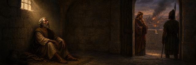 Jeremiah sitting in a shadowed vaulted prison while anxious King Zedekiah waits beyond a guarded doorway