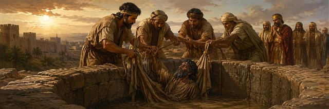 Ebed-melech and several helpers carefully lifting muddy Jeremiah from a deep cistern with ropes and cloths