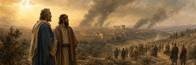 Jeremiah and Ebed-melech standing together as smoke rises from breached Jerusalem and an exile procession departs