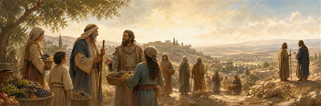 Jeremiah welcomed by Gedaliah among returning families carrying abundant grapes and summer fruit near Mizpah