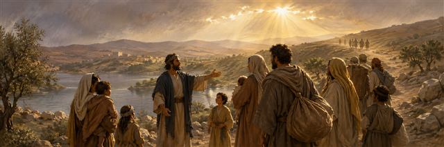 Johanan welcoming rescued families beside a broad reservoir as Ishmael's small band retreats into distant hills