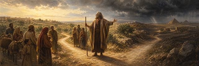Jeremiah standing with anxious families where a sunlit Judean road and a storm-dark road toward Egypt divide