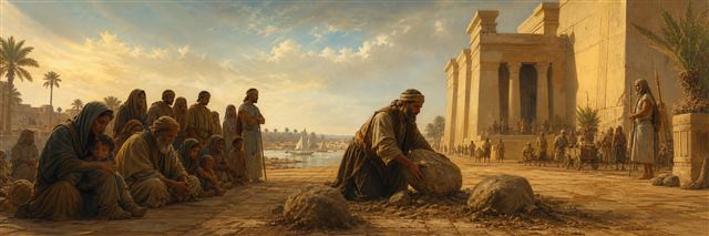 Jeremiah setting large stones into clay pavement before an Egyptian royal building as weary Judean families watch