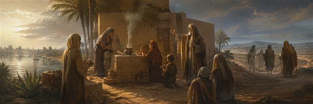 Judean families offering incense at a plain household altar in Egypt while Jeremiah appeals and travelers turn away