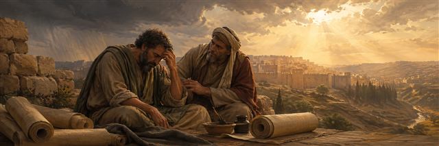 Jeremiah reassuring a weary Baruch beside rolled blank scrolls as storm clouds pass over Jerusalem