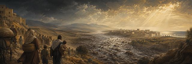 Families climbing toward higher ground as a vast flood rushes down a valley toward Philistine coastal cities