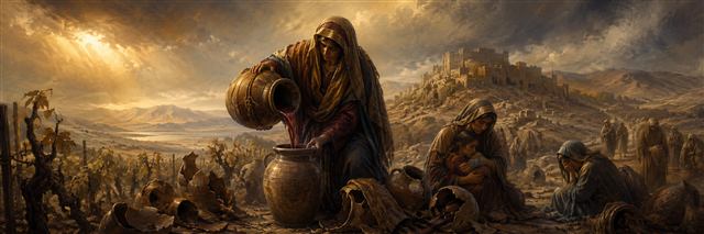 A Moabite woman pouring dark wine between vessels amid cracked jars, withered vineyards, and grieving families