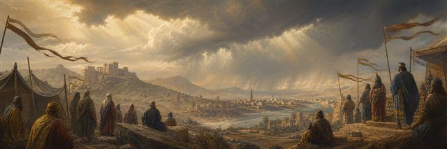 Leaders from desert camps, mountain strongholds, and river cities watching one sweeping storm bend their standards