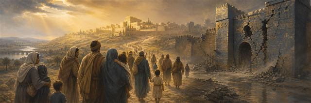 Israelite and Judean families walking toward sunlit Zion as Babylon's massive gate cracks and empties behind them