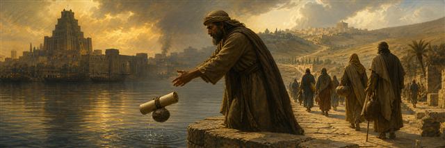 Seraiah releasing a tightly bound blank scroll and stone into the Euphrates as travelers leave Babylon