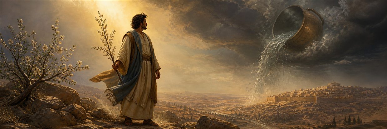 Jeremiah holding an almond branch as a great boiling pot tips from storm clouds toward distant Jerusalem