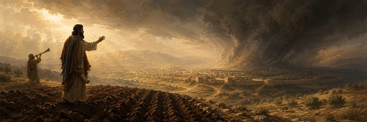 Jeremiah standing on newly plowed ground as a trumpet sounds and a dark whirlwind advances toward Jerusalem