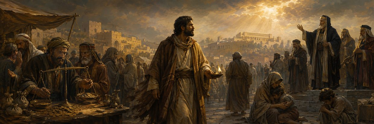 Jeremiah carrying a small lamp through a crowded market of dishonest scales, hardened leaders, and neglected families