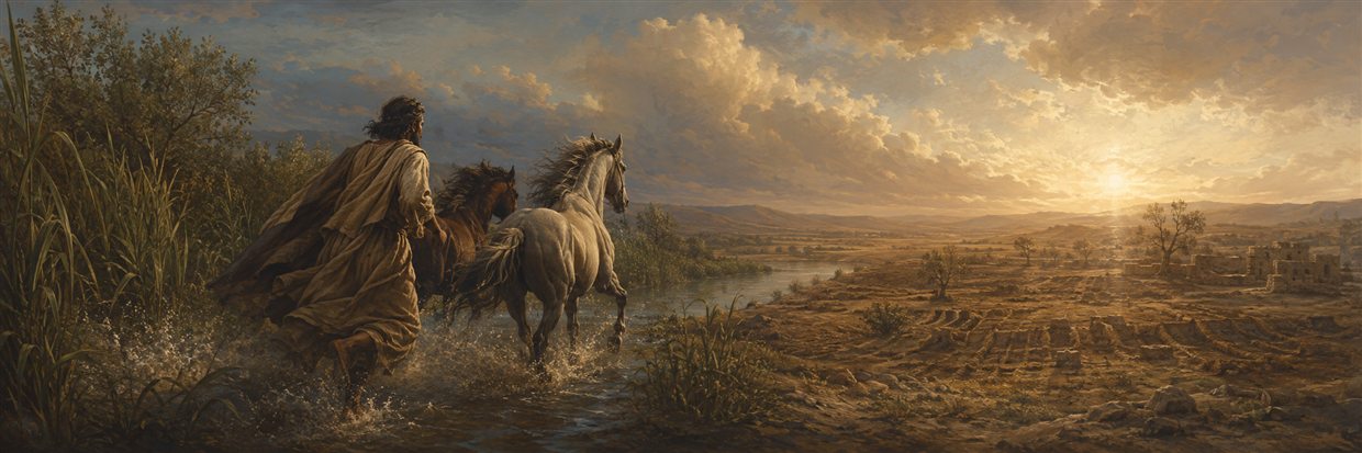 Jeremiah running through river shallows beside horses as trampled fields stretch toward a distant dawn