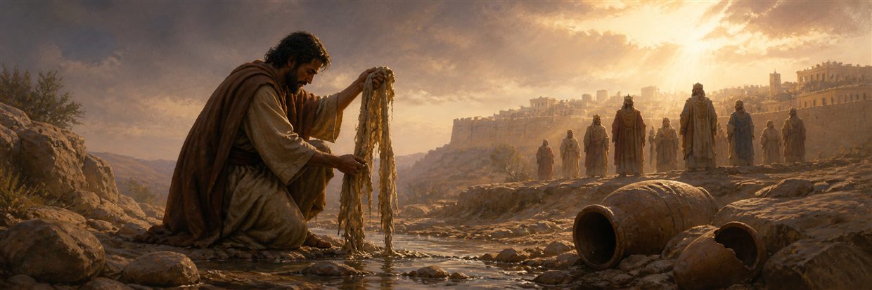 Jeremiah lifting a decayed linen belt from a stream while proud leaders stand outside distant Jerusalem
