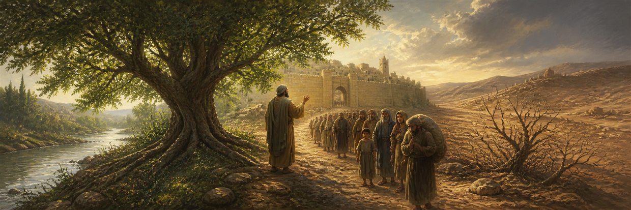 A broad green tree rooted beside water as Jeremiah addresses burdened travelers near a dry hillside and Jerusalem gate