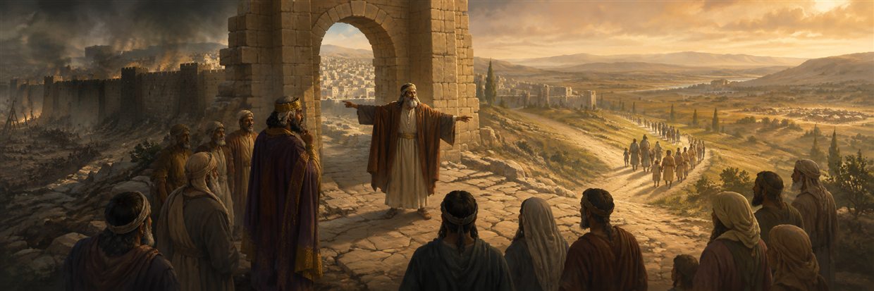 Jeremiah at Jerusalem's gate pointing between the burning besieged city and a road followed by surrendering families
