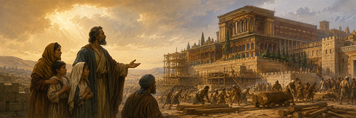 Jeremiah and a vulnerable family watching unpaid laborers haul cedar for a lavish royal palace
