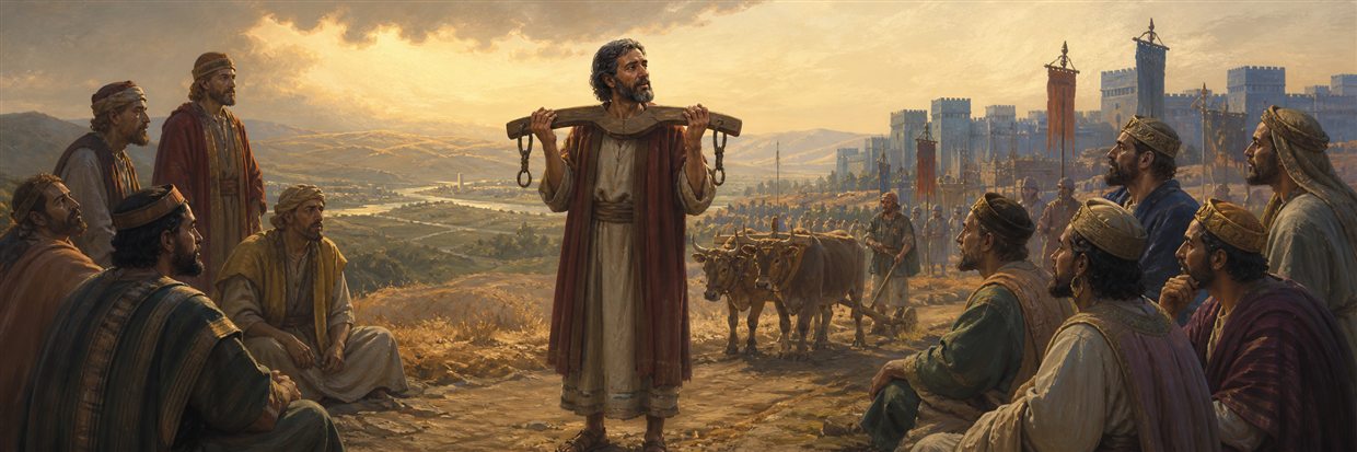 Jeremiah bearing a wooden yoke before gathered envoys as oxen work near distant Babylonian banners