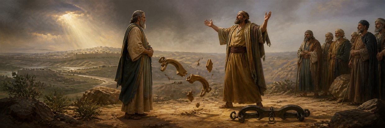 A snapped wooden yoke falling between calm Jeremiah and confident Hananiah while an iron yoke lies nearby