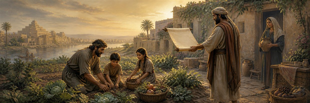 An exiled family planting vegetables beside new homes as a messenger arrives carrying a blank scroll